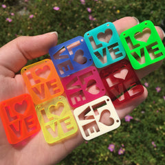 Love - two holes flat rectangle tags pendant / 9 Pieces, 30mm