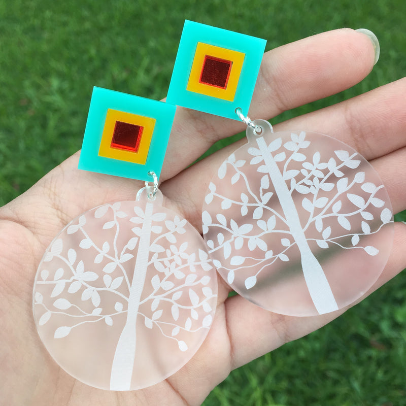 Clear matte round drops - Tree of life earrings