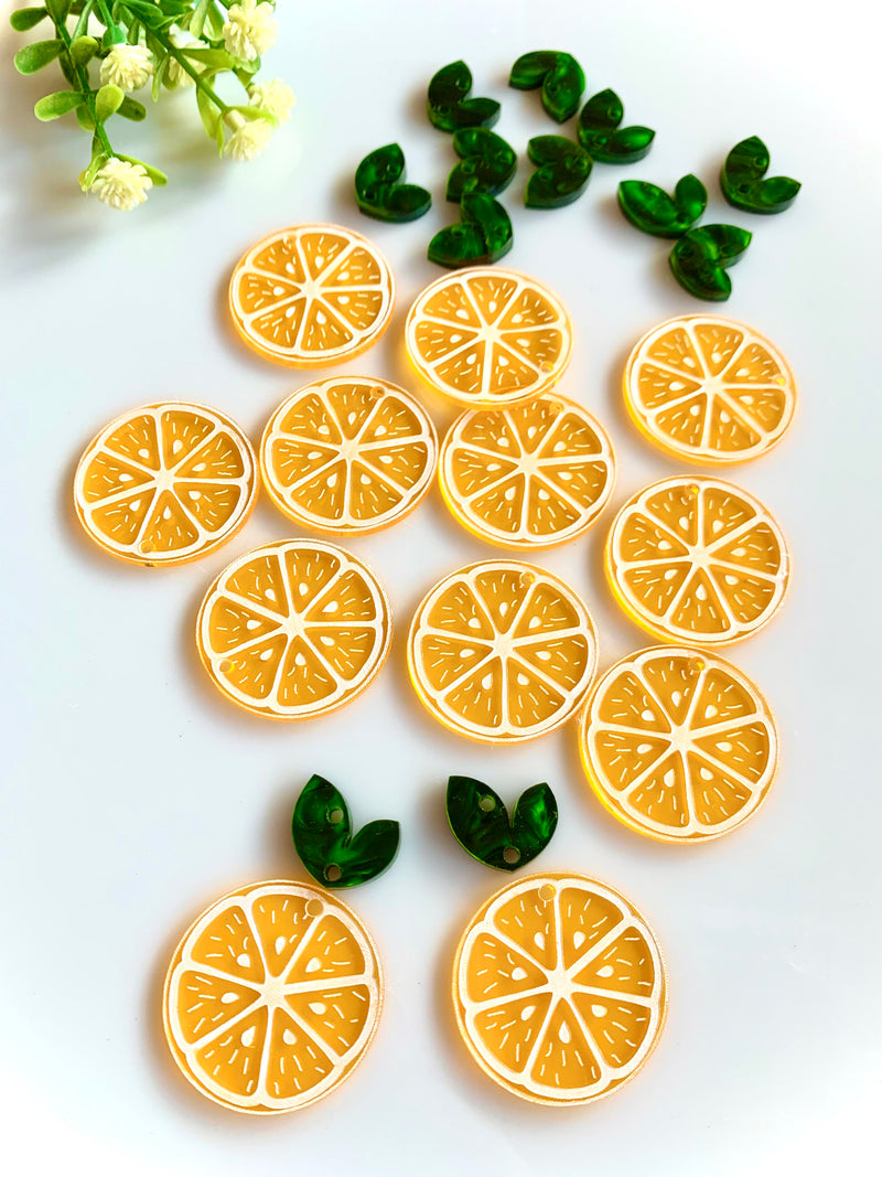 Lemon Painted Pendants, 12 lemons + 12 leaves / 24 Pieces, 30mm/20mm