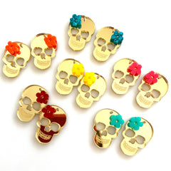 Gold Mexican Skulls with a colorful flower/ Day of the dead / Sugar Skulls / 8 Pieces, 30mm
