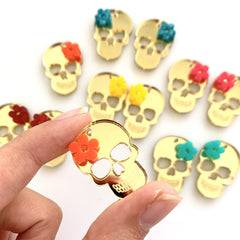 Gold Mexican Skulls with a colorful flower/ Day of the dead / Sugar Skulls / 8 Pieces, 30mm